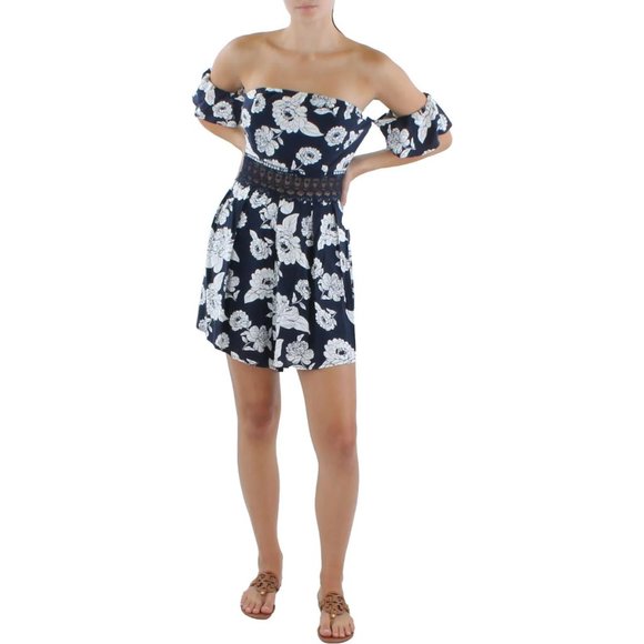 LOVE TREE WOMENS CROCHET PRINTED ROMPER In Navy - Picture 1 of 2